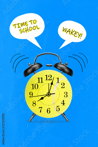 Creative retro 3d magazine image of clock ringing time to school eight o clock isolated painting background photo