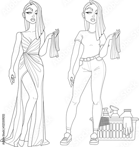 Cartoon mean girl in evening dress and basic clothes with cleaning supplies sketch template set. Graphic vector illustration in black and white for games. Coloring paper, page, book, print