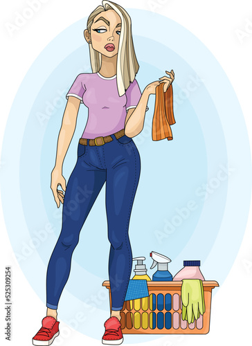 Cartoon mean girl with cleaning supplies template. Colorful vector illustration for games, background, pattern, decor, books.