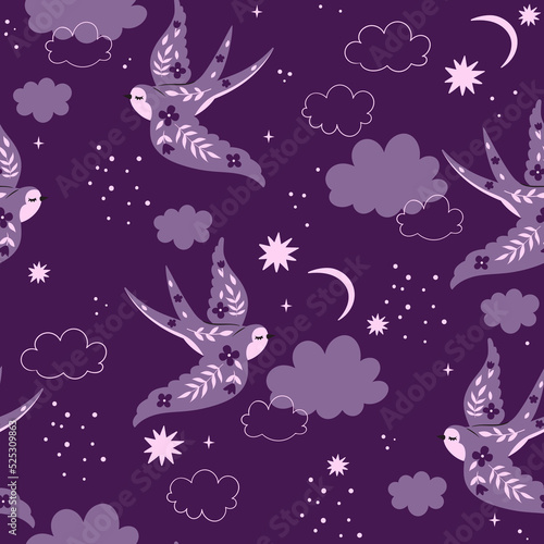 Night seamless pattern with swallows  stars and clouds. Vector graphics.