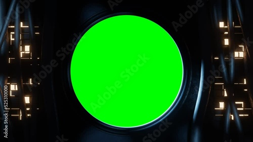 View of a round window with green screen background seen from inside a spaceship or sci-fi environment location with cables, light panels and moving illuminations. Looping video. 3D rendering