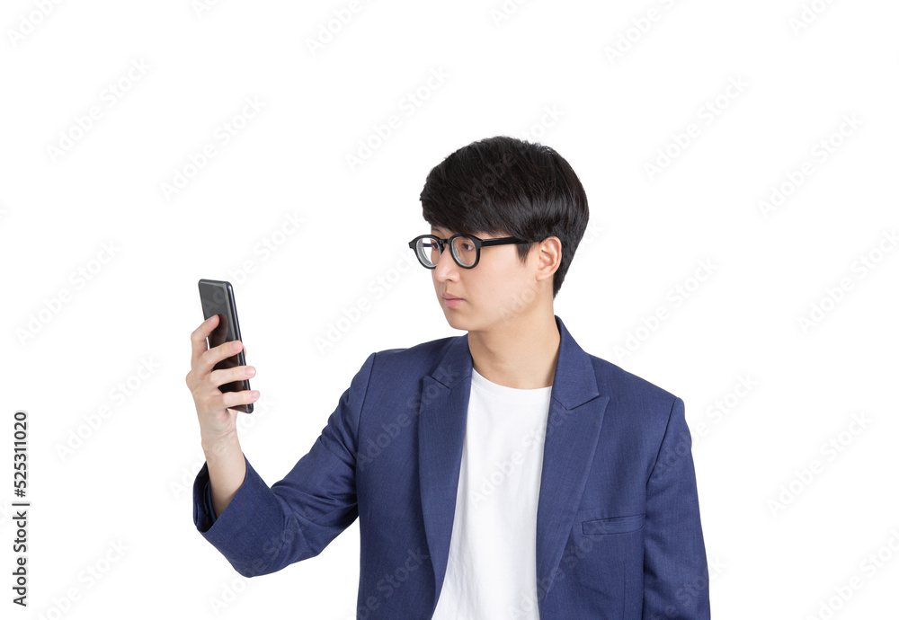 Young adult business man in glasses looking at mobile phone on transparent as png Young adult business man in glasses looking at mobile phone on transparent as png