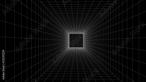 Empty futuristic 3D wireframe room. Vector perspective grid. Cyberspace background. Box with digital space in virtual reality.