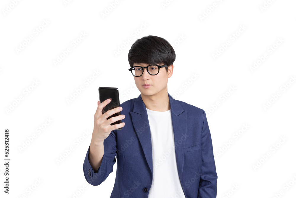 Image of handsome asian young adult man in glasses holding and looking at cellphone on transparent as png Image of handsome asian young adult man in glasses holding and looking at cellphone on transparent as png