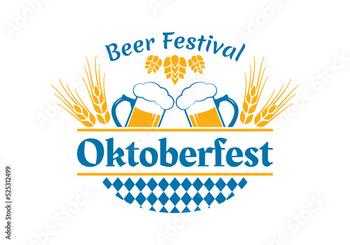 Oktoberfest label, logo or badge design. Beer emblem set. Bavaria brewery festival. October fest badges with beer mug, glass, wheat and malt. Vector illustration.