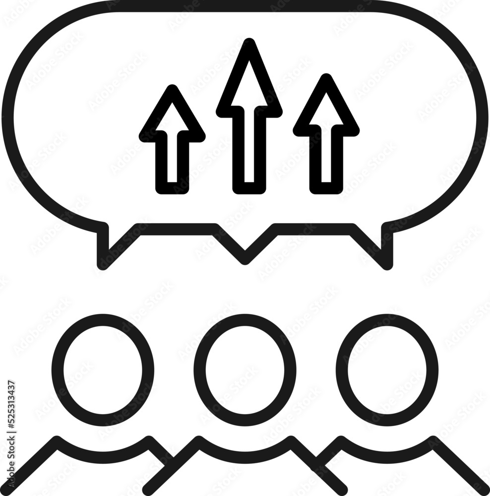 People, staff, speech bubble concept. Vector line icon for web sites, stores, online courses etc. Sign of arrows inside of speech bubble over group of people People, staff, speech bubble concept. Vector line icon for web sites, stores, online courses etc. Sign of arrows inside of speech bubble over group of people