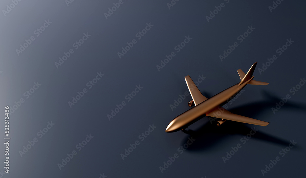 Luxury gold airplane against a dark background. VIP travel concept. 3D Rendering Luxury gold airplane against a dark background. VIP travel concept. 3D Rendering