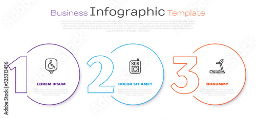 Set line Disabled wheelchair, Press the SOS button and Treadmill machine. Business infographic template. Vector