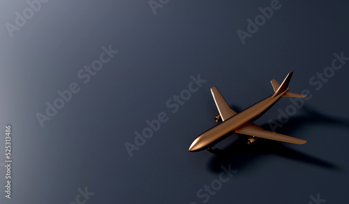 Fototapeta Naklejka Na Ścianę i Meble -  Luxury gold airplane against a dark background. VIP travel concept. 3D Rendering