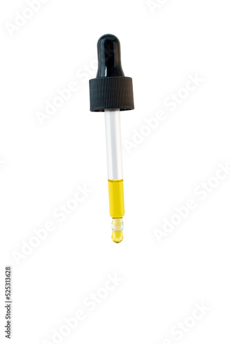 Oil drop in the glass dropper isolated transparent png. Pipette liquid dosage.  photo