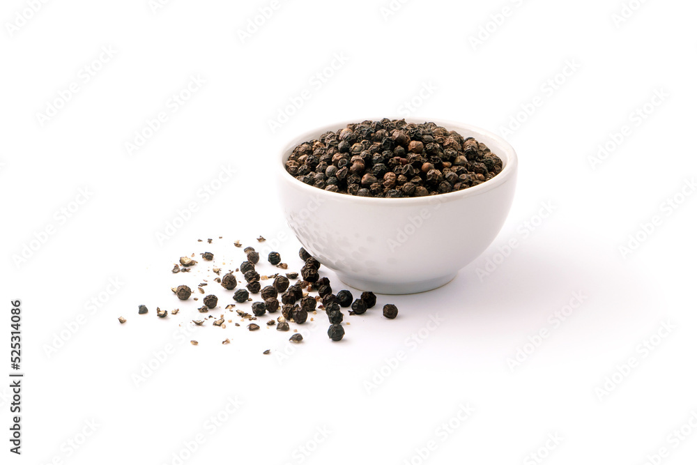 Black pepper or peppercorns in ceramic bowl isolated on white background. Black pepper or peppercorns in ceramic bowl isolated on white background.