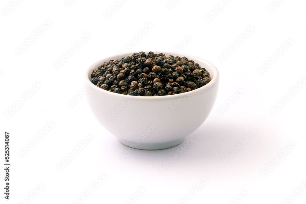 Black pepper or peppercorns in ceramic bowl isolated on white background. Black pepper or peppercorns in ceramic bowl isolated on white background.