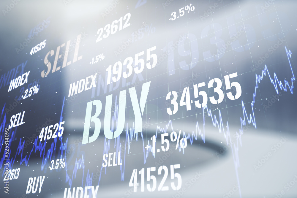 Obraz premium Multi exposure of virtual abstract financial diagram on abstract empty interior background, banking and accounting concept