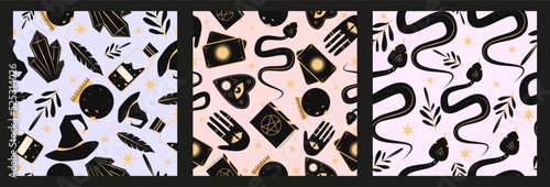 Set Seamless pattern with hand drawn magic tools, concept of witchcraft. Witchcraft, magic background for witches and wizards.