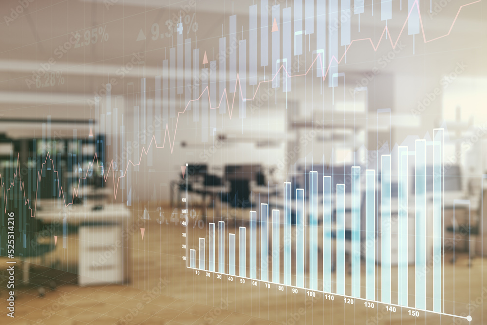 Double exposure of abstract creative financial chart hologram on modern corporate office background, research and strategy concept Double exposure of abstract creative financial chart hologram on modern corporate office background, research and strategy concept