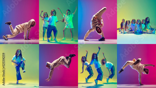 Group of children in sportive style clothes and man dancing hip-hop and breakdance over colorful background in neon. Dance battle
