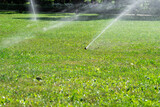 Close-up automatic garden watering system with different sprinklers installed under turf. Landscape design with lawn hills and fruit garden irrigated with smart autonomous sprayers at sunset time.