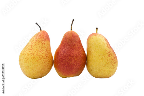 Three ripe red and yellow pears isolated on a white background