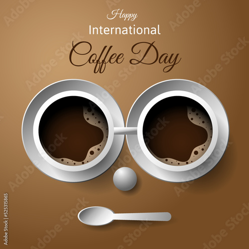 international coffee day banner design with two coffee cup that is positioned like glasses and a spoon like a lip. vector illustration