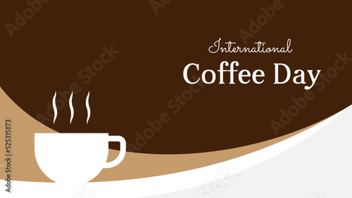 international coffee day banner design with coffee cup illustration and wavy abstract shapes. vector illustration