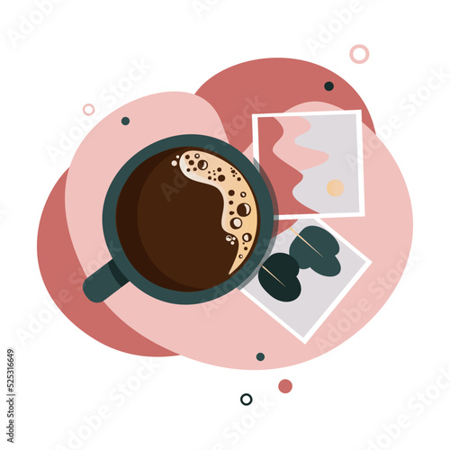 Cup of coffee in flat style with instant photo on abstract background. Vintage pictures and coffee mug. For banner  website  social media  app  flyer and stickers