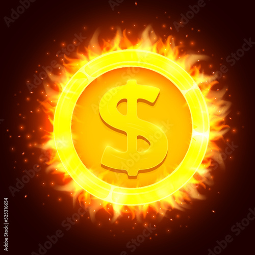 Burning golden dollar coin. Coin in fire.