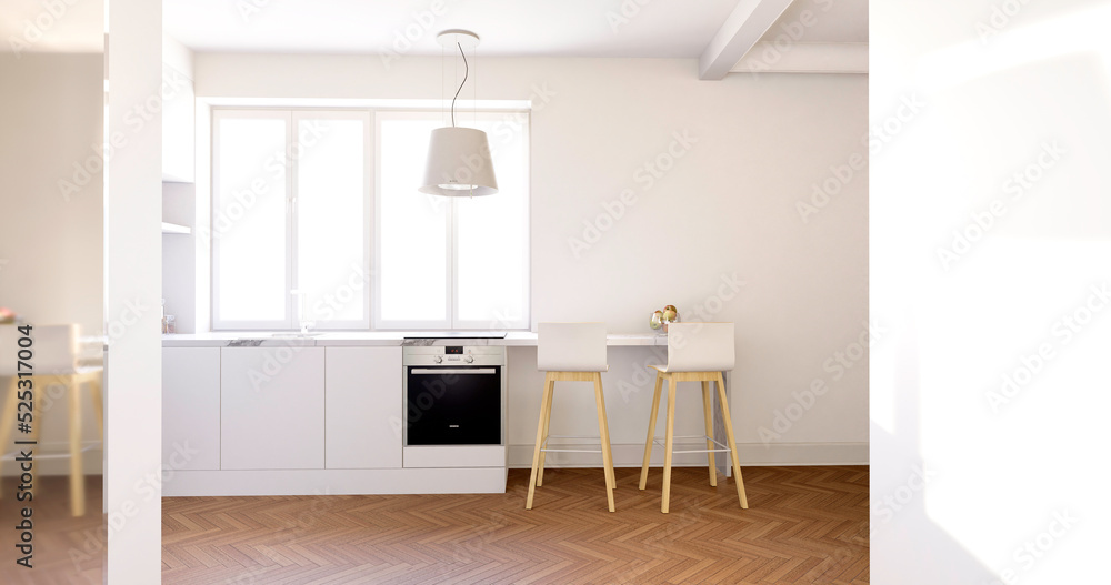Wnętrze, kuchnia z białymi ścianami i szafkami. Dębowa klasyczna podłoga. 3d rendering - obrazy, fototapety, plakaty 