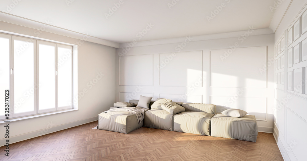 Wnętrze,  pokój z białymi ścianami i ozdobnymi sztukateriami. Dębowa klasyczna podłoga. 3d rendering - obrazy, fototapety, plakaty 