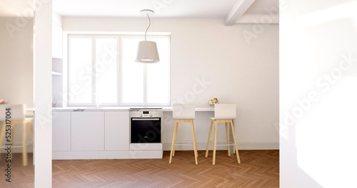 Wnętrze, kuchnia z białymi ścianami i szafkami. Dębowa klasyczna podłoga. 3d rendering