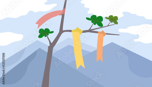 [Vector] A Background of Ribbons Hanging on a Tree of the Top of a Mountain