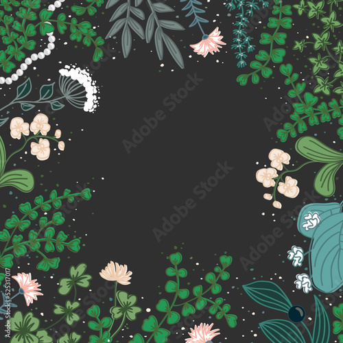Fototapeta Naklejka Na Ścianę i Meble -  Square frame with cute wild flowers and herbs. Colorful vintage dark background. Vector illustration 