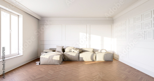 Wnętrze,  pokój z białymi ścianami i ozdobnymi sztukateriami. Dębowa klasyczna podłoga. 3d rendering