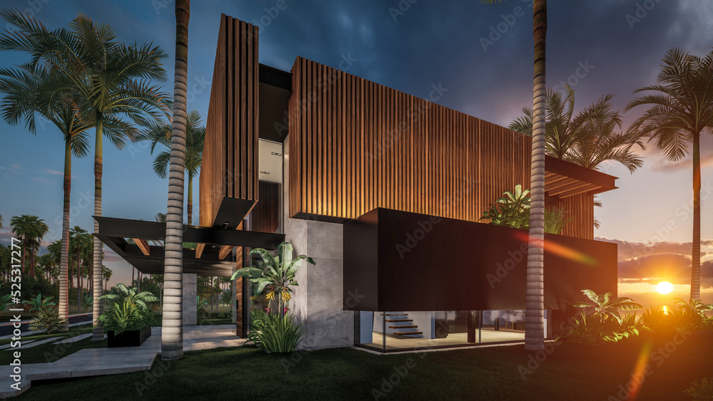 3d rendering of modern cozy house with parking and pool for sale or rent with wood plank facade by the sea or ocean. Sunset evening by the azure coast with palm trees and flowers in tropical island 3d rendering of modern cozy house with parking and pool for sale or rent with wood plank facade by the sea or ocean. Sunset evening by the azure coast with palm trees and flowers in tropical island
