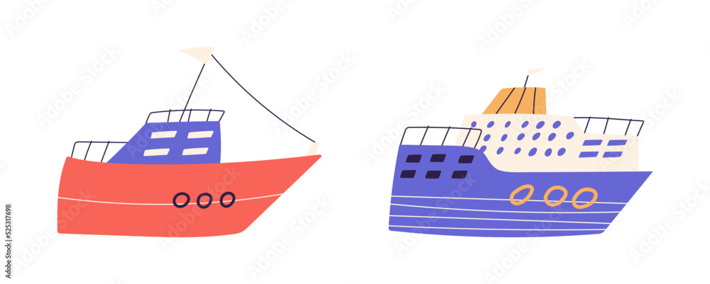 Obraz premium Cute ship or cruise boats set, cartoon flat vector illustration isolated on white background. Hand drawn childish marine vessels. Summer vacation concept.