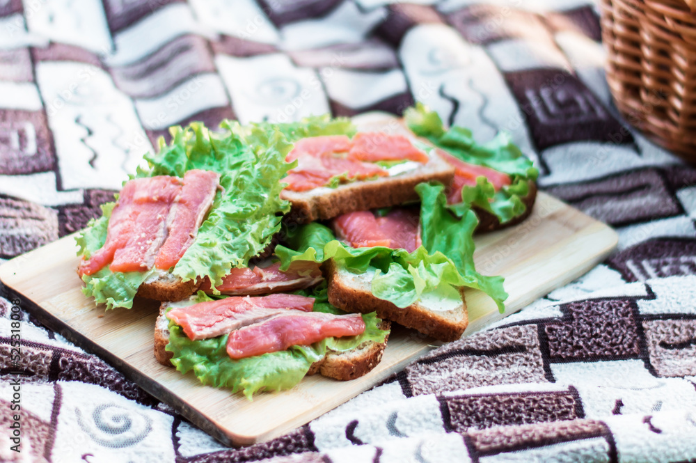 picnic in nature, on a blanket on a wooden tray there are sandwiches with red fish picnic in nature, on a blanket on a wooden tray there are sandwiches with red fish