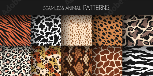 Animal fur seamless patterns. Leather and skin prints, natural fauna backgrounds, zoo mammals and reptiles textures, zebra jaguar and tiger, giraffe and cow wrapping paper tidy vector set