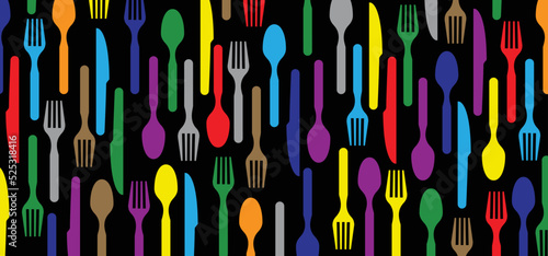 Cartoon cutlery, fork, spoon, knife silhouette pattern. Vector icon or symbol banner. seamless food patterns. Food, restaurant, menu. spoons, knives, forks. Kitchen element or tools. kitchen utensils.
