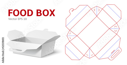 Chinese food box layout. Realistic low paper package, white cardboard origami template, cutting takeout container, empty package for noodles mockup, scheme for typography utter vector concept