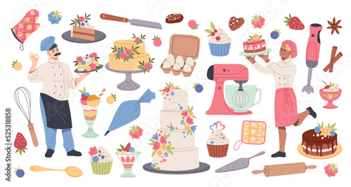 Confectionery products. Confectioneries desserts, professional tools, funny pastry cookers, man and woman chefs characters, wedding and birthday cake tidy vector cartoon flat bakery set