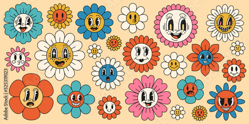 Daisy flowers with cartoon faces. Funny smiling chamomile characters, trendy retro groovy style, psychedelic hippie 60s, botanical decor isolated elements, bright simple plants tidy vector set