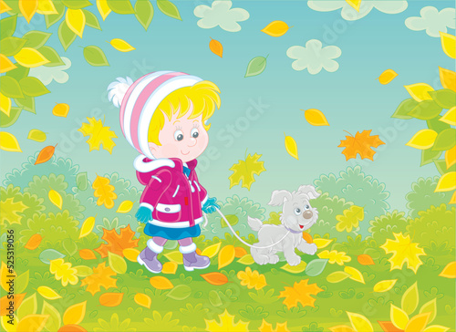 Cute little girl and her merry pup walking on colorful fallen leaves around a park on a beautiful autumn day, vector cartoon illustration