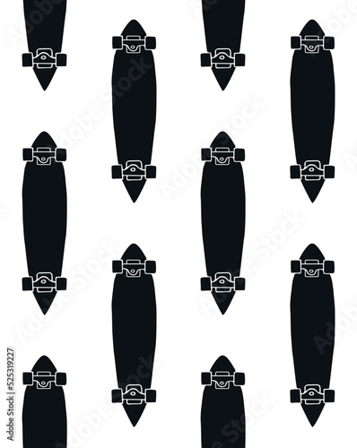 Vector seamless pattern of hand drawn doodle sketch black longboard skateboard isolated on white background
