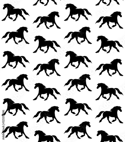 Vector seamless pattern of hand drawn friesian horse silhouette isolated on white background