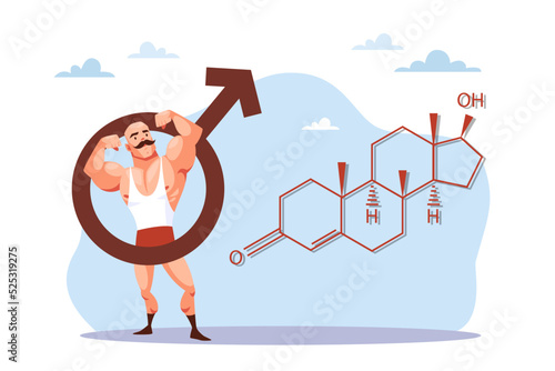 Doping to increase muscle mass for unhealthy athletes, testosterone chemical formula. Funny strong man with moustache demonstrates muscles, male sport, gym training. Vector cartoon concept