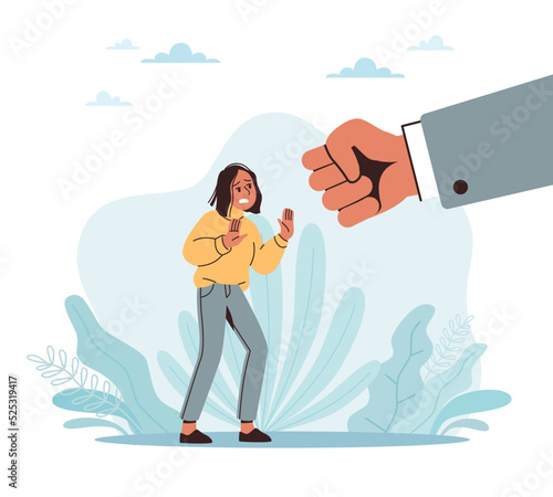 Gender based violence, men aggression. Hatred of women, male supremacy. Violence against woman. fearful girl, feminism against inequality and abuse. Vector cartoon flat style concept