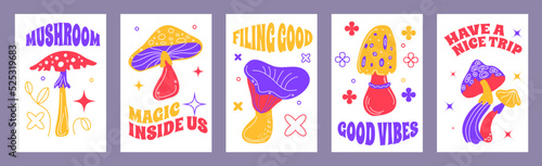 Hippie mushroom posters. Hallucinogen hippie organic food, peace and happiness, distorted forms, 60s retro culture cards, trippy groovy phrases, vertical banner, swanky vector set