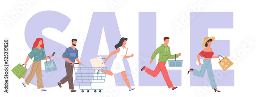 Hurrying people group on sale time. Buyers run around store, discount season, black friday, speed product search, huge letters and tiny consumers, nowaday vector cartoon flat concept