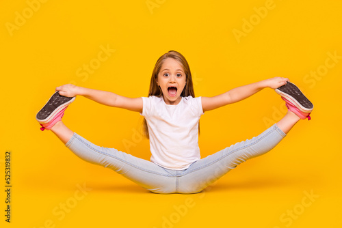 Schilderij op canvas Full length photo of funky pretty schoolgirl dressed white t-shirt sitting floor