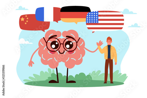 International teaching, language learning. Huge human brain and countries flags, education for adults, English German and Chinese languages. Translation service. Vector cartoon flat concept