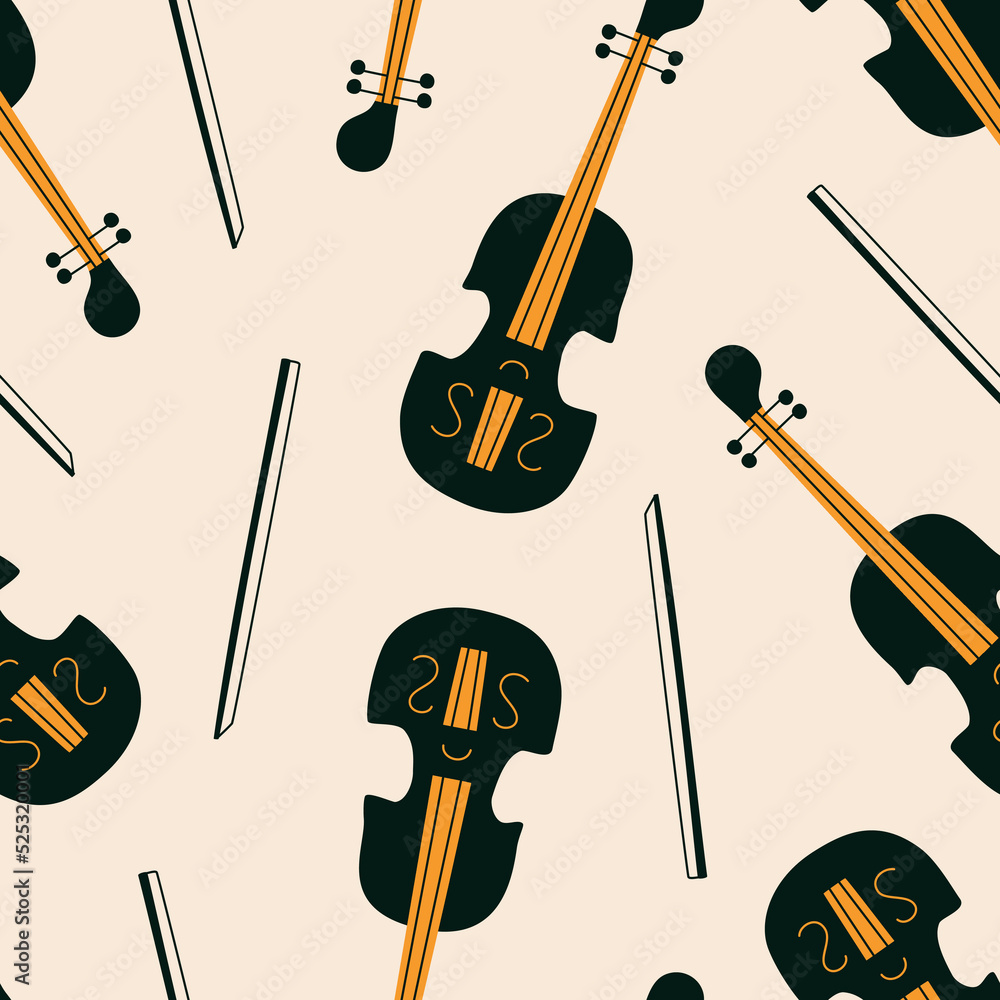 Violin Pattern Material Classic violin and bow hand drawn vector illustration in flat style ...